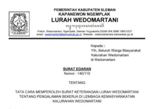 Surat Edaran Tata Cara Memperoleh Surat Keterangan Lurah Wedomartani Tentang Pengalaman Bekerja di Lembaga Kemasyarakatan Kalurahan Wedomartani